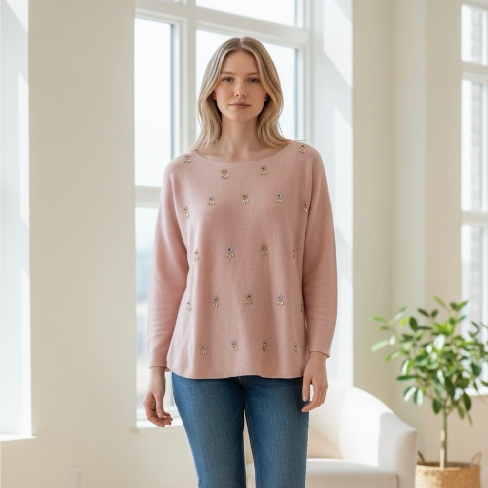 Liv Milano Pale Pink Beaded Rhinestone Boxy Dolman Sleeve Sweater L/XL